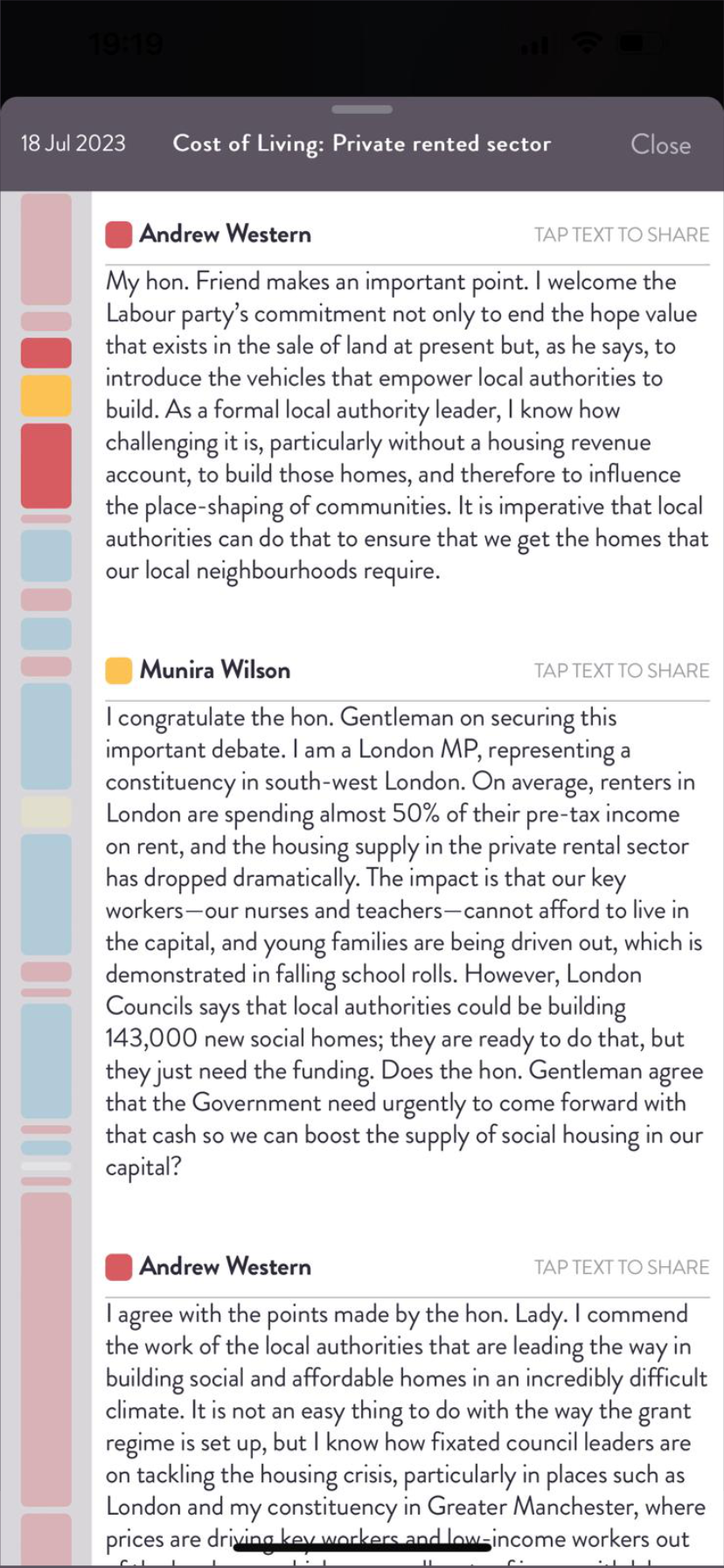 Scrutiny Counts UK Commons App daily view screenshot