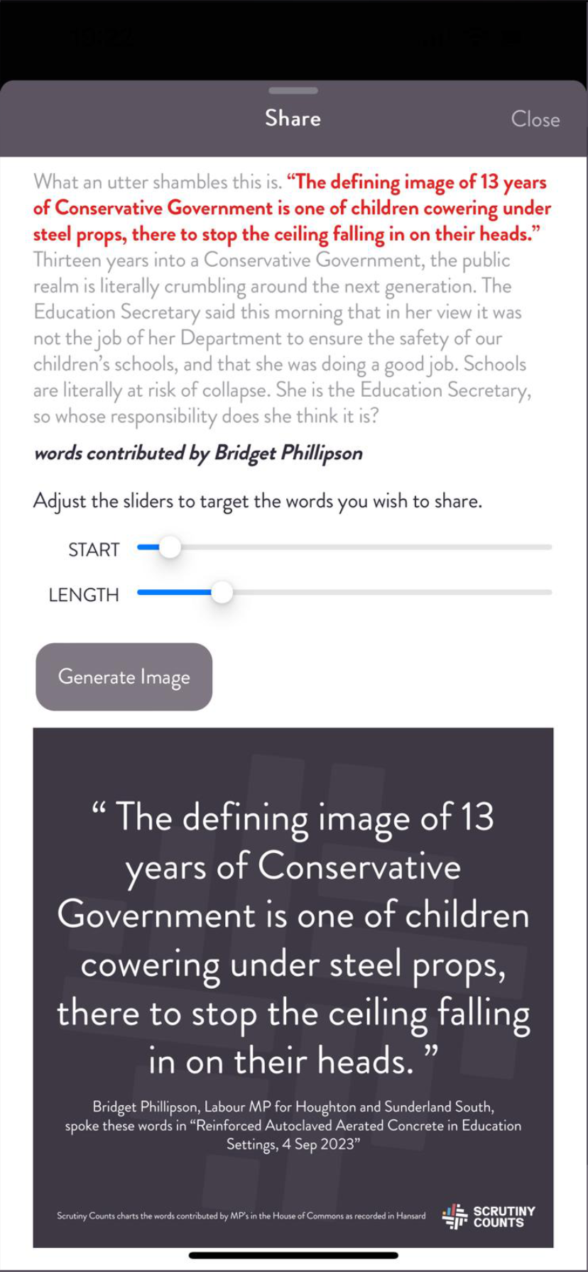 Scrutiny Counts UK Commons App daily view screenshot